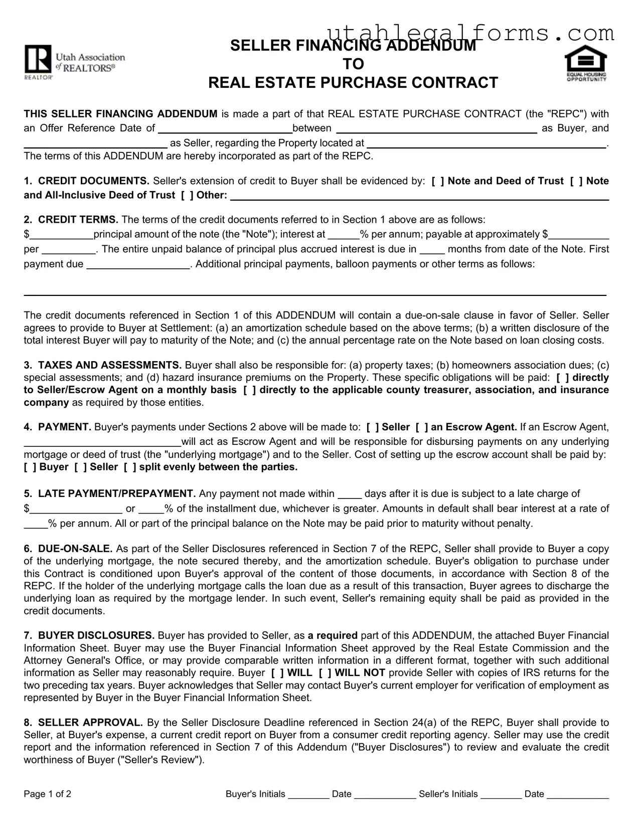 Fill a Valid Utah Seller Financing Addendum Template