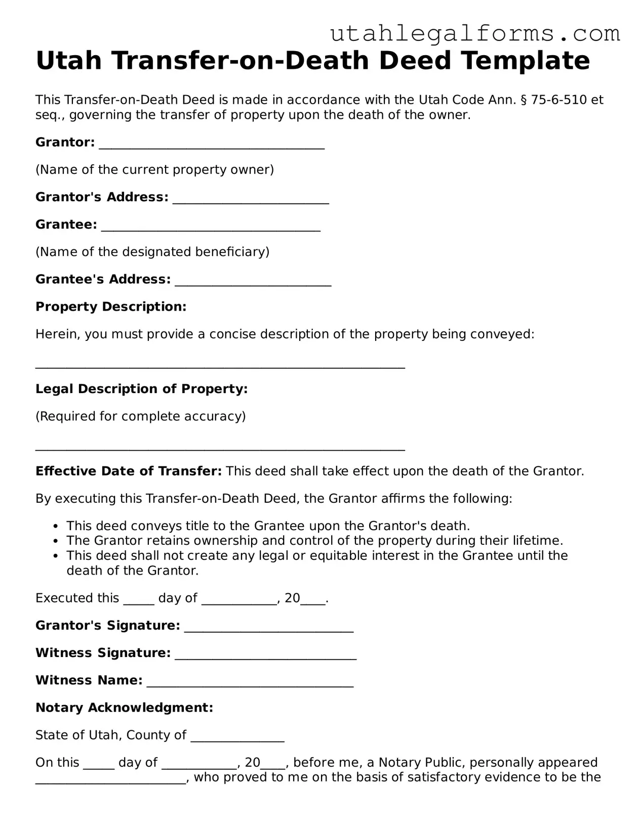 Official Transfer-on-Death Deed Form for Utah State