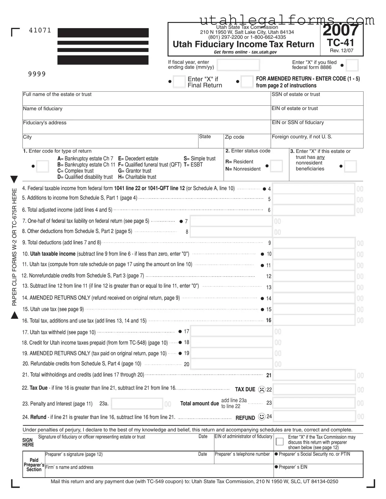 Fill a Valid Utah Tc 41 Template