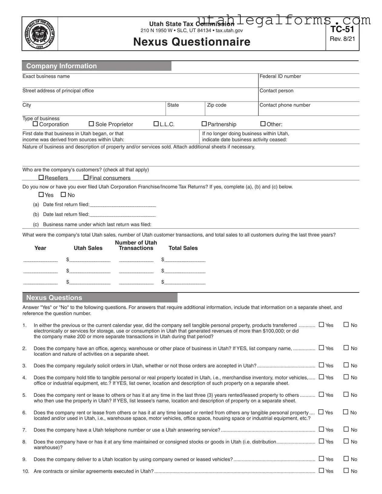 Fill a Valid Utah Tc 51 Template