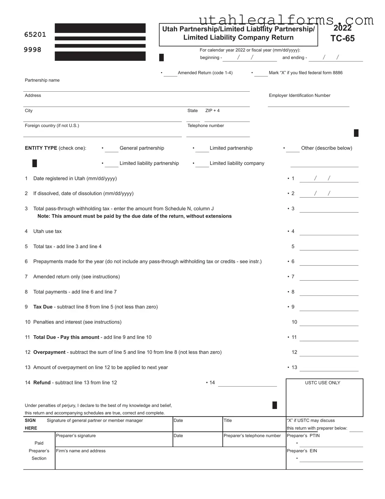 Fill a Valid Utah Tc 65 Template