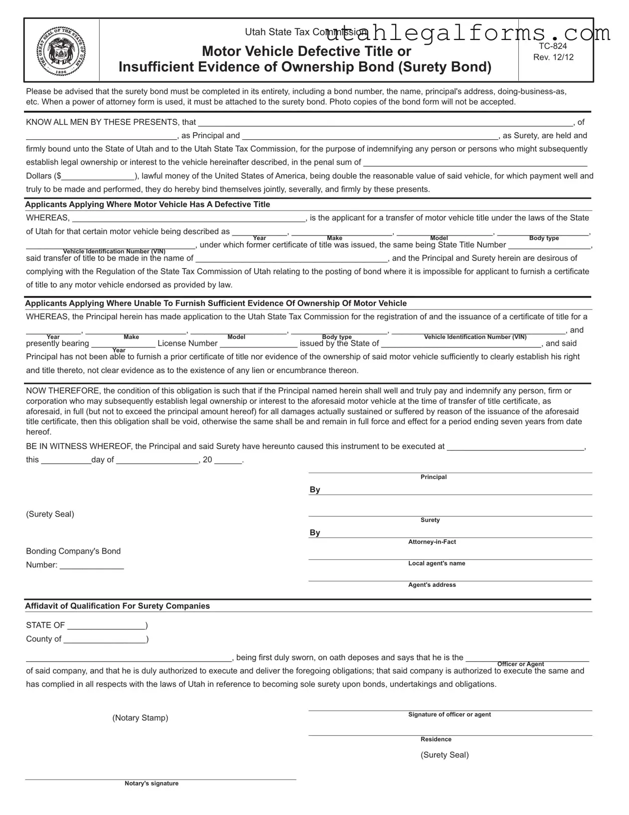 Fill a Valid Utah Tc 824 Template