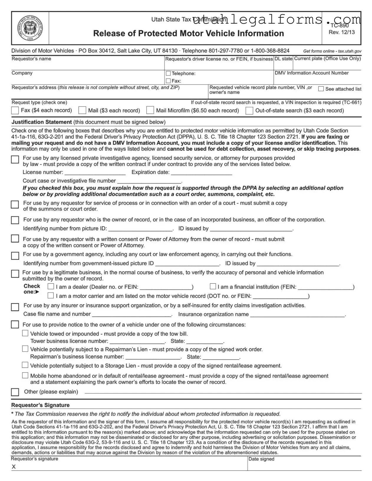 Fill a Valid Utah Tc 890 Template