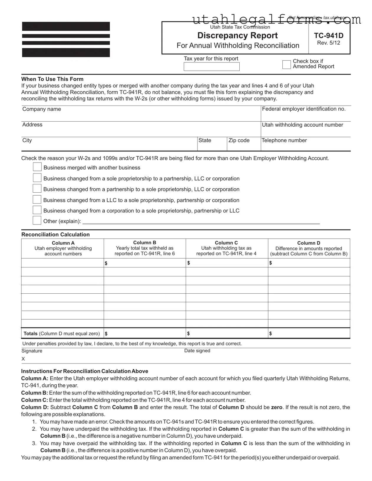 Fill a Valid Utah Tc 941D Template