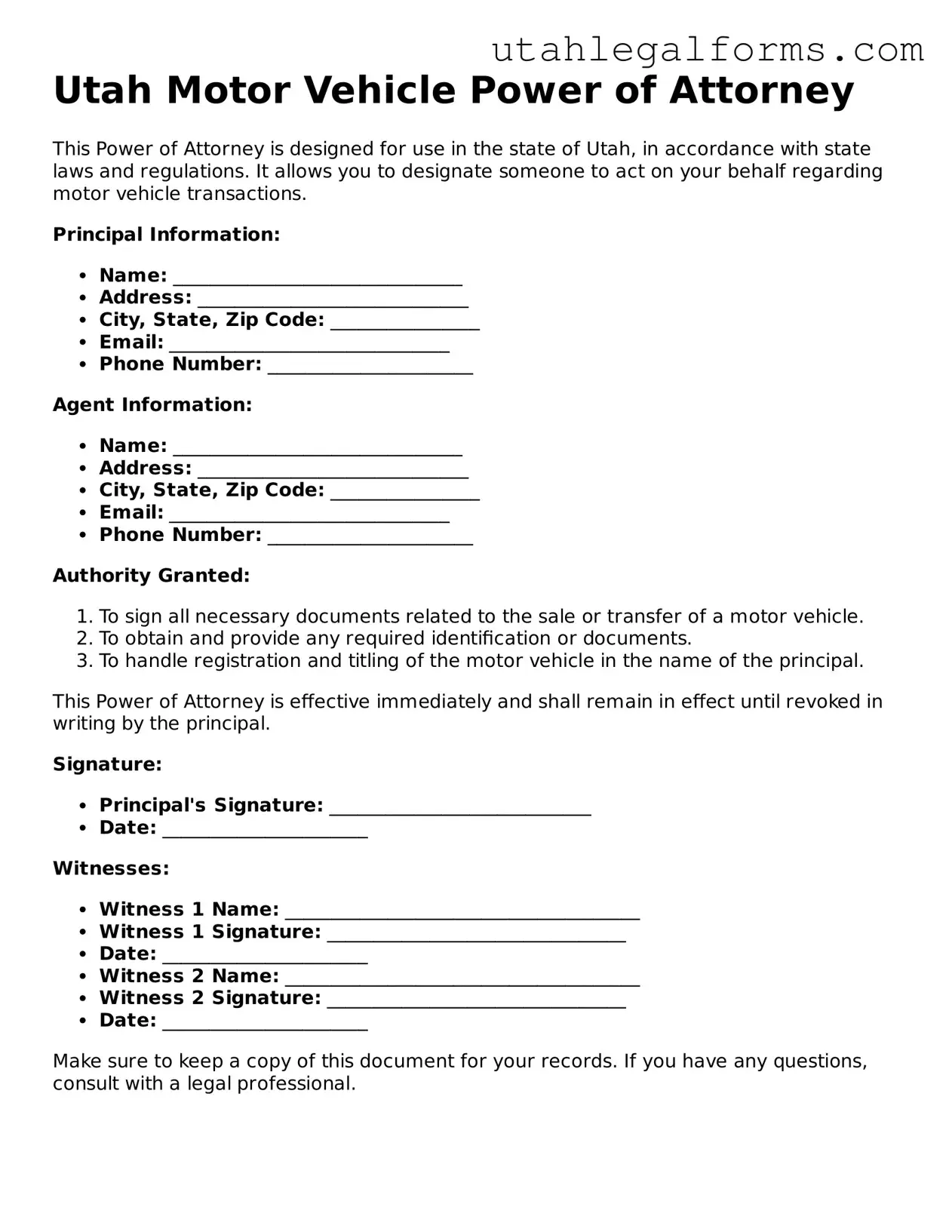 Official Motor Vehicle Power of Attorney Form for Utah State